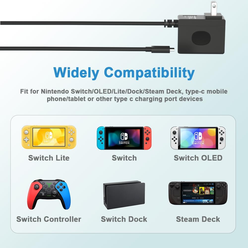 Charger for Nintendo Switch/OLED/Lite, Support Switch TV Dock Mode, 15V 2.6A Fast Charging Adapter with 5FT Charger Cable