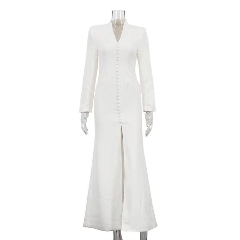 

Модное Стильное Темпераментное Платье с Длинными Рукавами Платье с Разрезом Юбка Сексуальный V-образный Вырез Приталенная Длинная Юбка White L