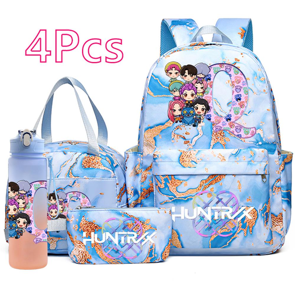 4Pcs/set Anime K-Pop Printed Backpack Handbag Pencil Case with 750Ml Water Bottler for Teenager Boy Girl Schoolbag Large Capacity Bookbag Kid Gift
