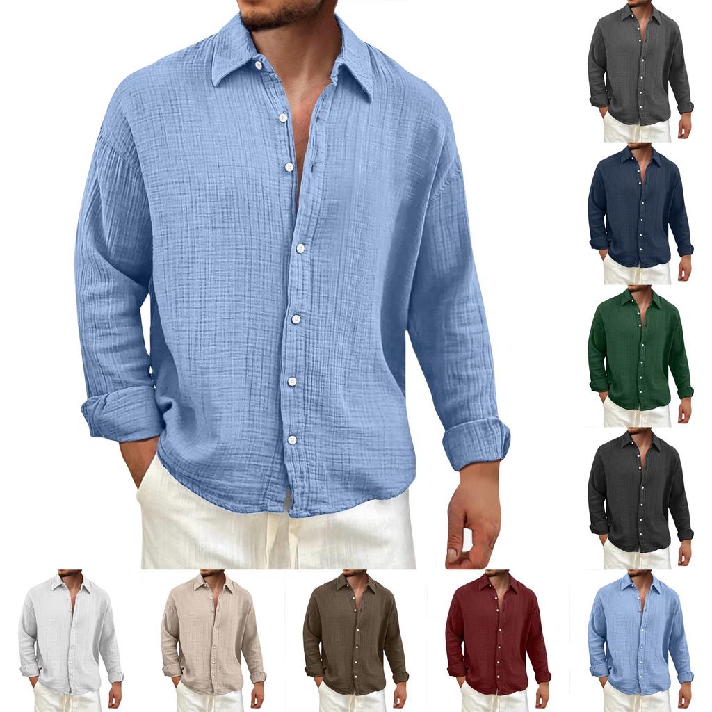 Men's Solid Color Wrinkled Lapel Long Sleeve Shirt Men's Casual Fashion Long Sleeve Shirt