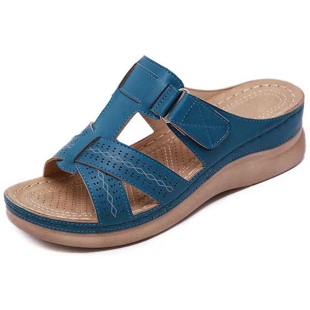 Sandálias femininas de verão, sandálias de cunha premium, ortopédicas, dedo aberto, vintage, antiderrapante, couro, casual, plataforma feminina, sapatos retrô