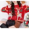 Red Autumn and Winter Knitted New Women's Clothing Deer Jacquard Knitted Sweater Crew Neck Pullover Color Matching Top