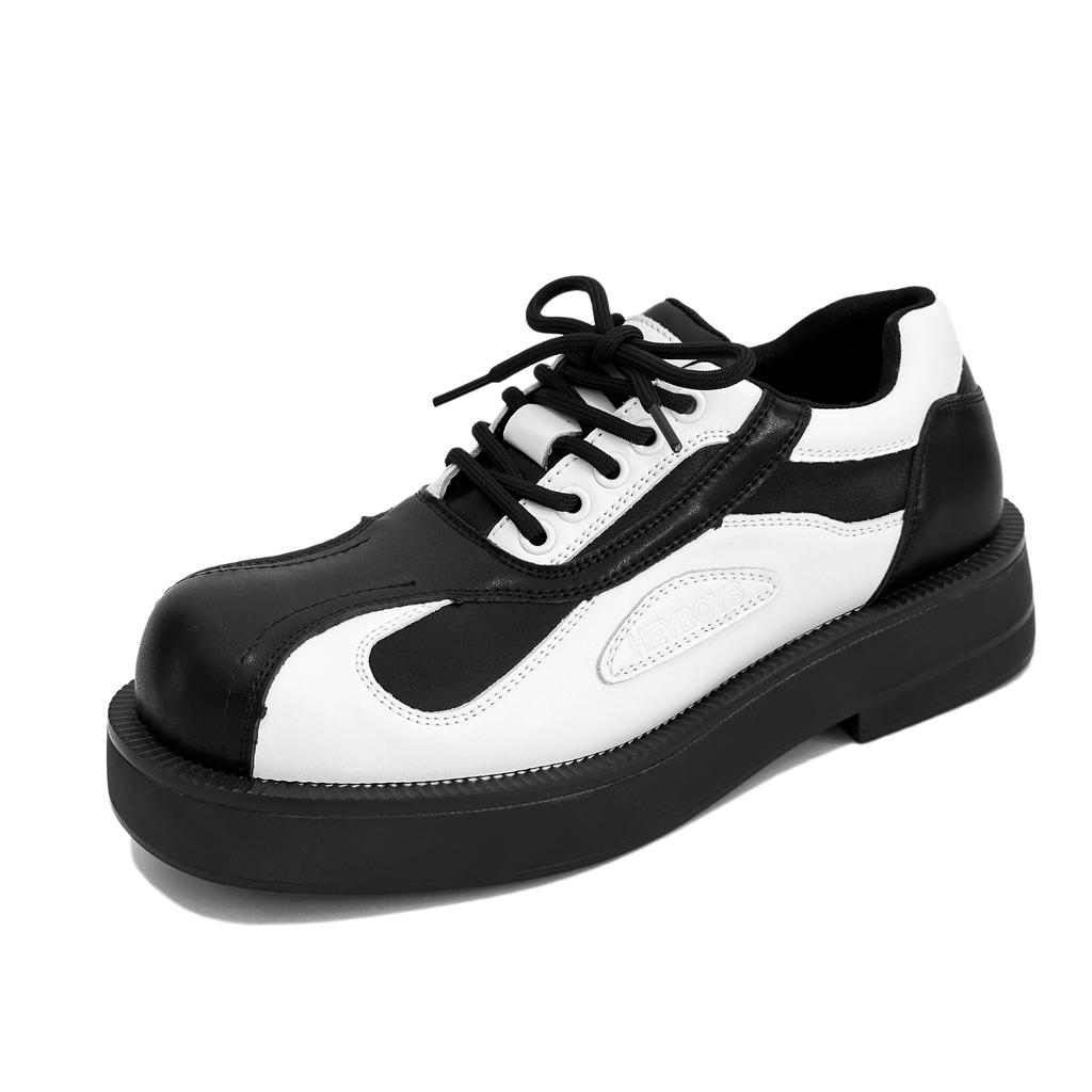 Men's round headed genuine leather shoes Fashionable black and white color blocking style Party thick soled walking office shoes