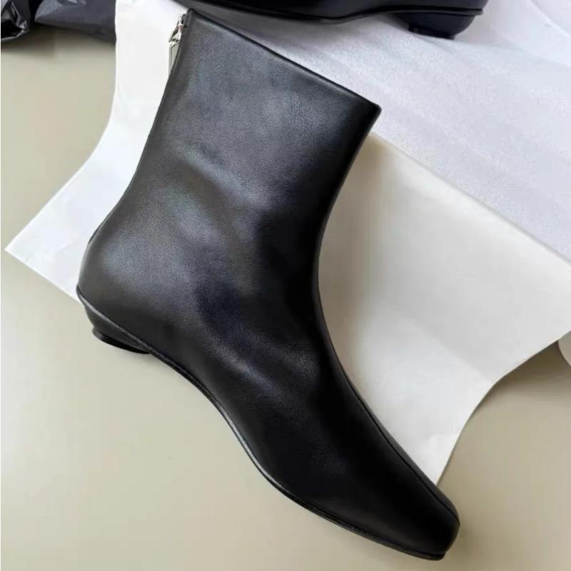Leather Boots Women Autumn Winterblack Ankle Boots New Velvet Back Zipper Square Head Skinny Shoes Womens Low Heeled Short Boots