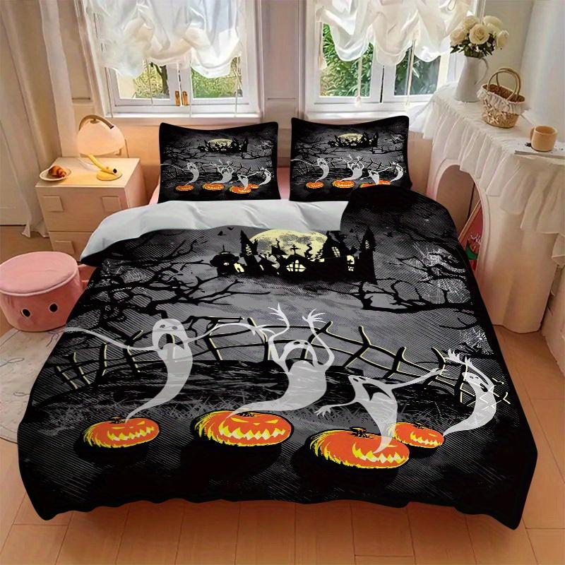 3pcs Halloween Ghosts Bedding Set Down Comforter Cover and Pillowcases, Suitable for All Seasons(No Insert)-0729076