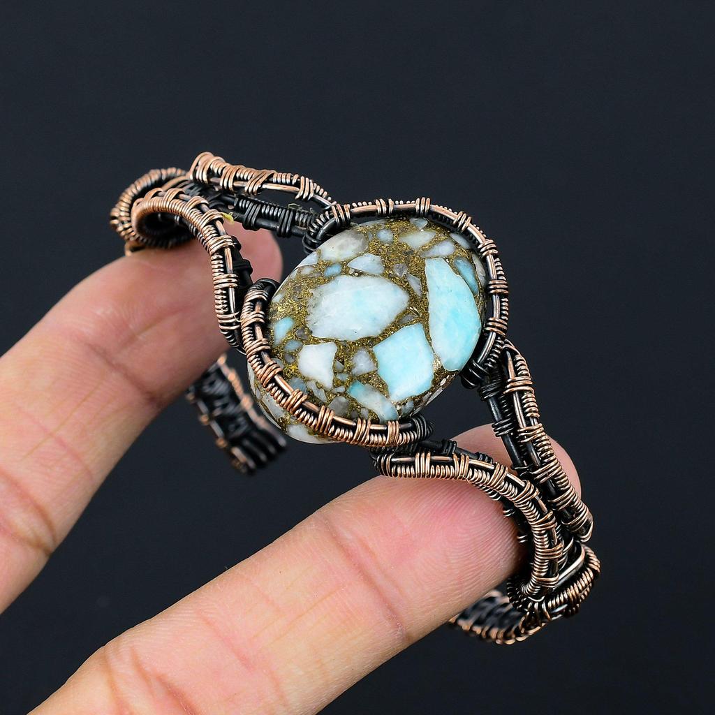 Dazzling Copper Larimar Gemstone Handmade Copper Wire Wrap Jewelry Adjustable Cuff For Love