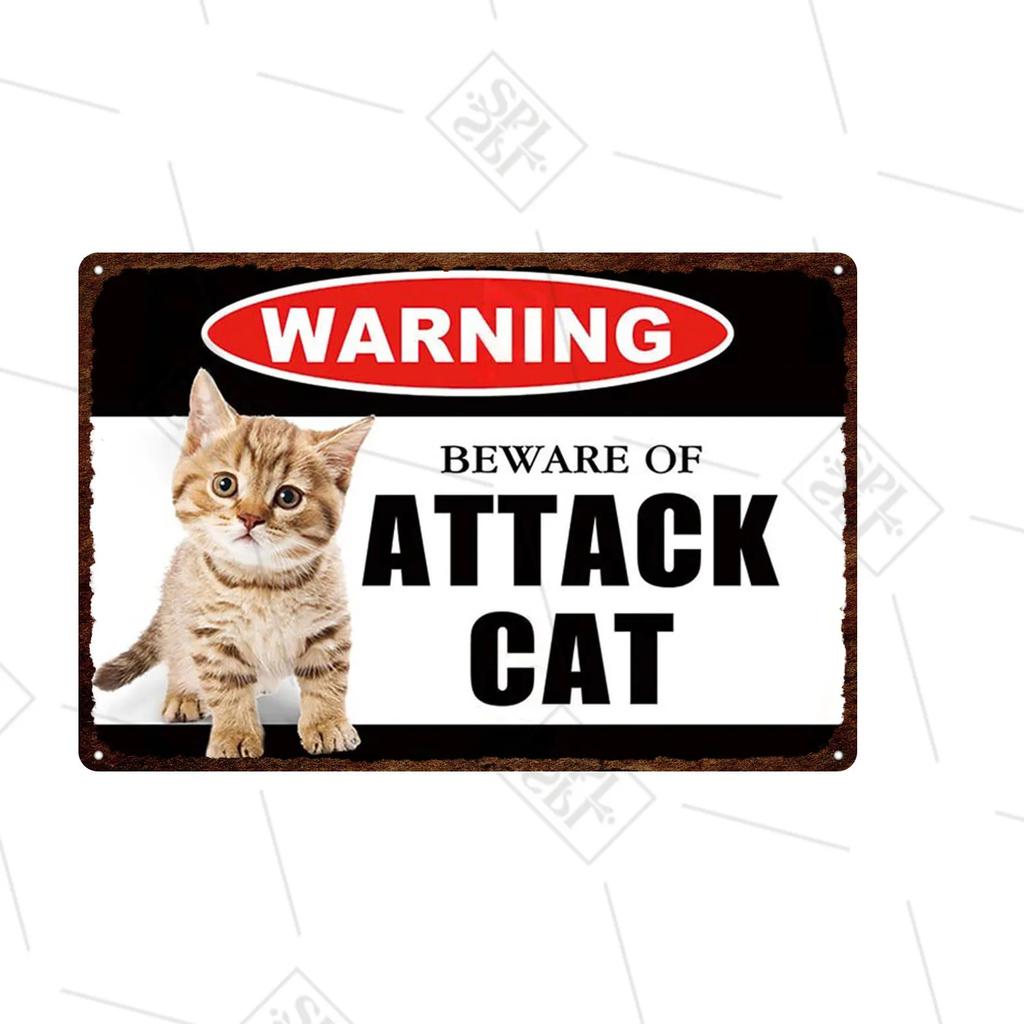 Pet Shop Warning Sign Beware of The Attack Cat Metal Sign Animals Tin Plate Pet Shop Wall Sticker Decoration Vintage Home Decor