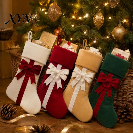 Weihnachts-Kaminhaken Weihnachtsstrümpfe mit Schleife, 18 Zoll Große Samtplüsch-Manschette, Kleine Geschenkehalter Hängende Dekoration für Ferienhaus Und