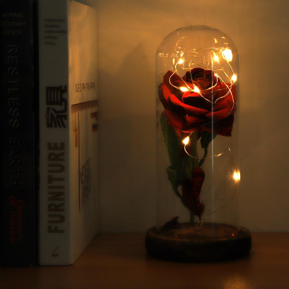 Preserved Rose Flower LED Light with Glass Cover & Wooden Base Valentines Day Wedding Gift Red
