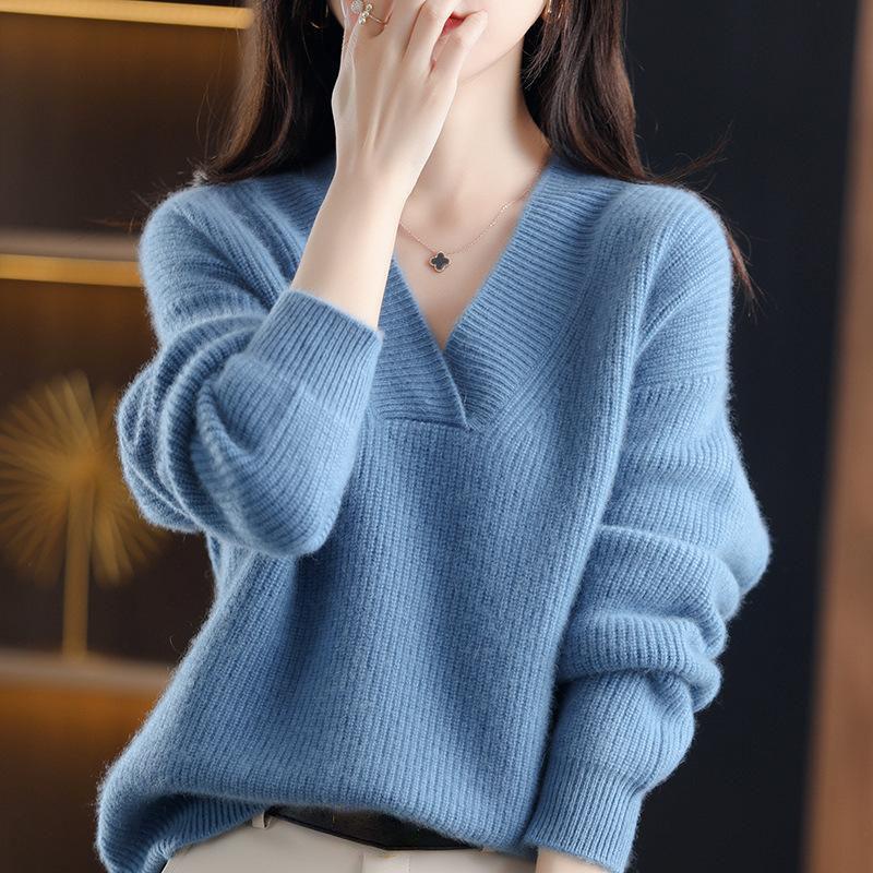 Autumn Winter Jumpers Women's Solid Loose Knit Sweater V-neck Basis Pullover Knitwear Soft Warm Chic Femme Sweater Casual Tops