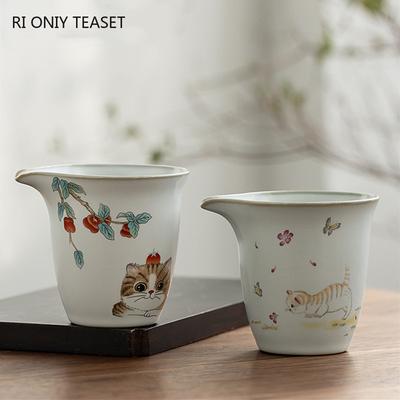 200ml Chinese Tradition Ru Kiln Fair Cup Cute Cat Pattern Ceramic Teacup Beauty Tea Infuser Master Handmade Tea Set Accessories
