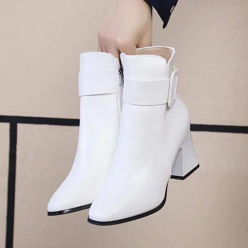 White Black Thick High Heel Ankle Boots Women 2025 Pointed Toe Keep Warm Elegant Short Booties Ladies Ankle Buckle Decoration