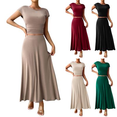 Women's Spring And Summer Short-sleeved Tops Temperament Slim Fit Solid Color Short-sleeved Half-length Dress Set