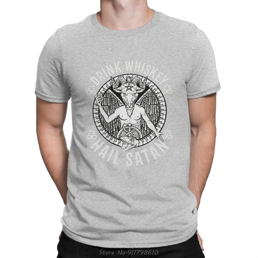 Whiskey Wine Drinks TShirt For Men Hail Satan Satanic Baphomet Basic Summer Tees T Shirt Tops Novelty New Cotton T-shirt