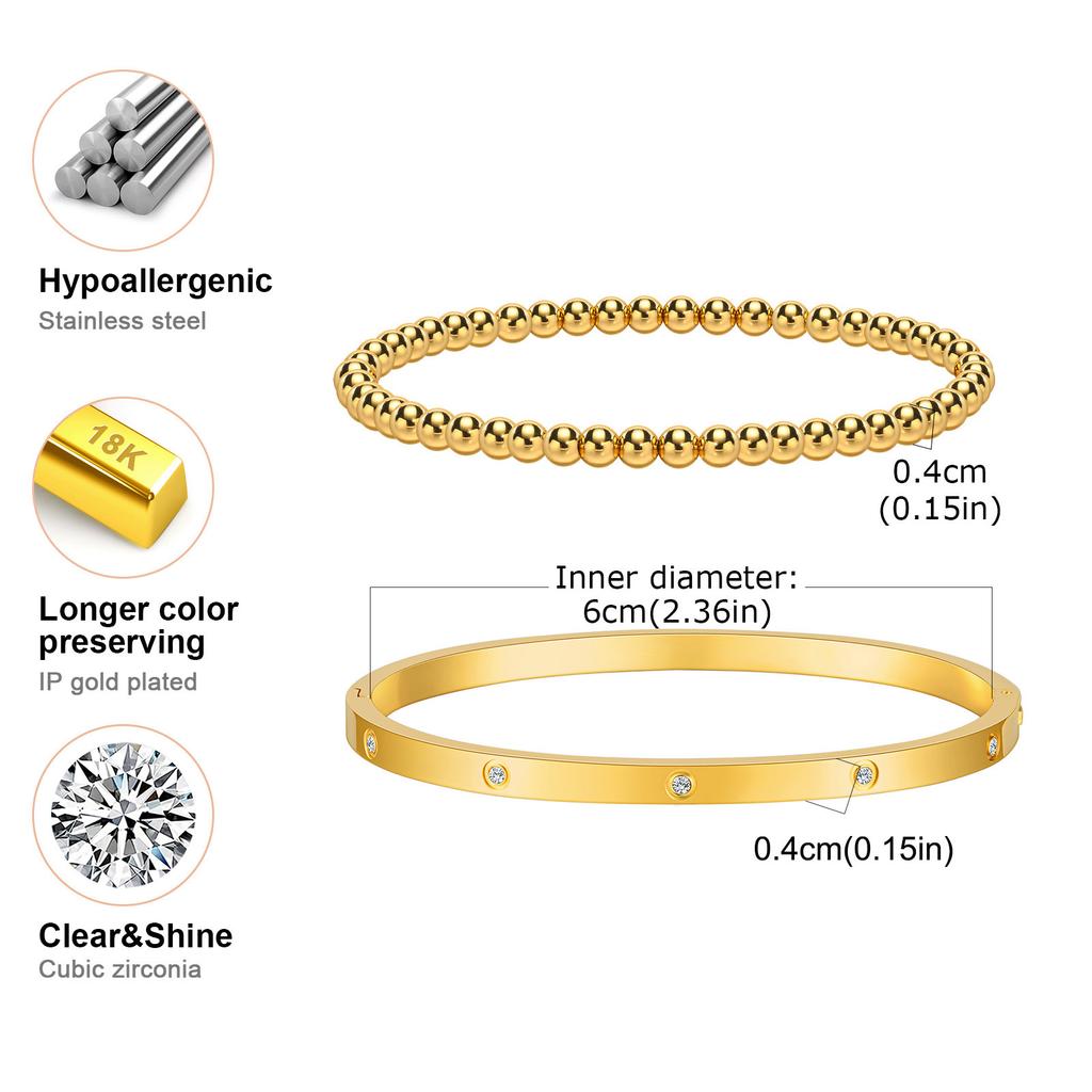Vnox 2-8mm Women Bracelets Set, Simple Stacked Gold Plated Stainless Steel Beads Bracelets , Glam Love Gift Cuff Bangles for Her