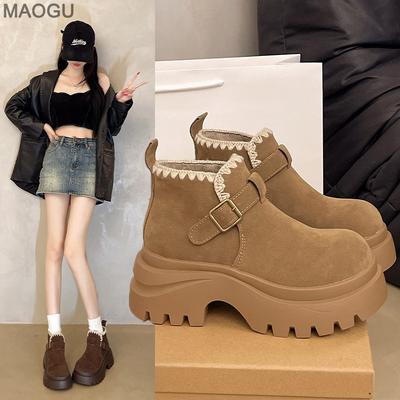 Stivali Ankle Boots Marroni da Donna con Plateau e Suola Spessa, Aumenta Altezza, Nuova Moda Autunno 2026, Scarpe con Tacco Chunky, Slip-on, Botas Mujer