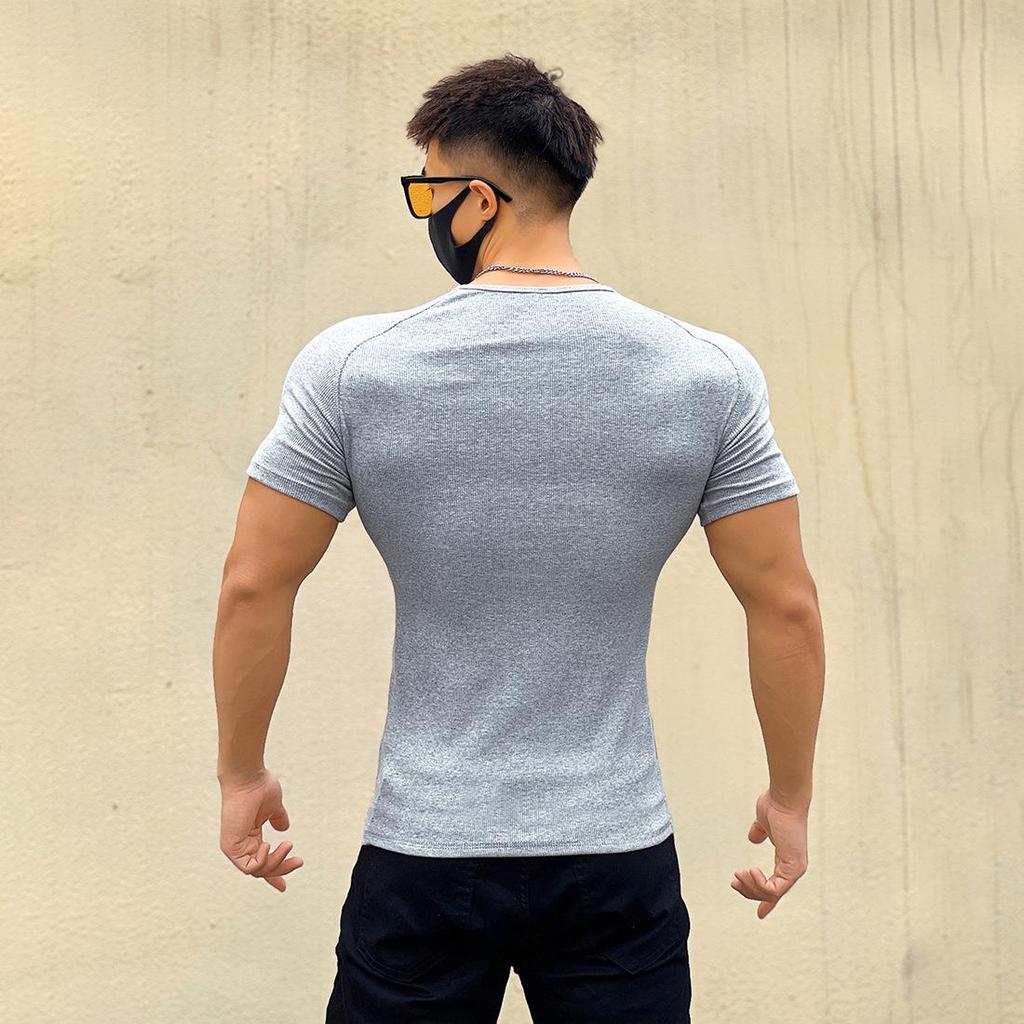 Men's Slim Fit Ribbed T-Shirt - Stretchy, Tight-Fitting, Round Neck, Short Sleeve, Muscle-Defining Fitness Tee