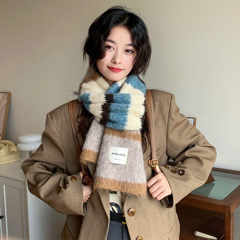 Korean Style Knitted Stripe Scarf Thickened Women Winter Scarves Multicolor Cashmere Shawl  Female