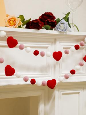 1pc Valentine's Day Heart Pom Pom Garland Red Pink White Felt Ball Banner for Wedding Anniversary Home Party Wall Hanging Decor