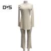 Women Two Pieces Suit Winter Autumn Knitted Long Sleeve Ribbed Slit Top High Waist Flared Trousers Set Fashion Outfit