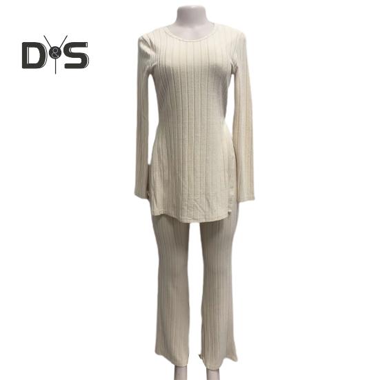Women Two Pieces Suit Winter Autumn Knitted Long Sleeve Ribbed Slit Top High Waist Flared Trousers Set Fashion Outfit
