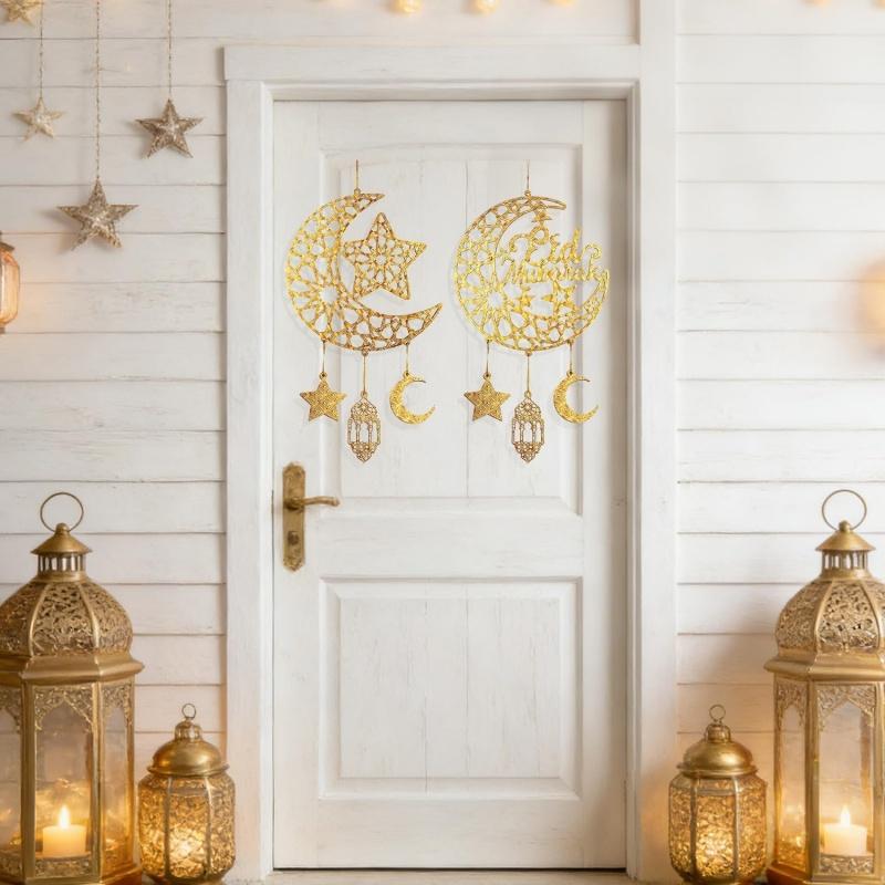 Eid Mubarak Moon Star Mosque Wooden Hanging Ornaments Kareem Ramadan Decorations