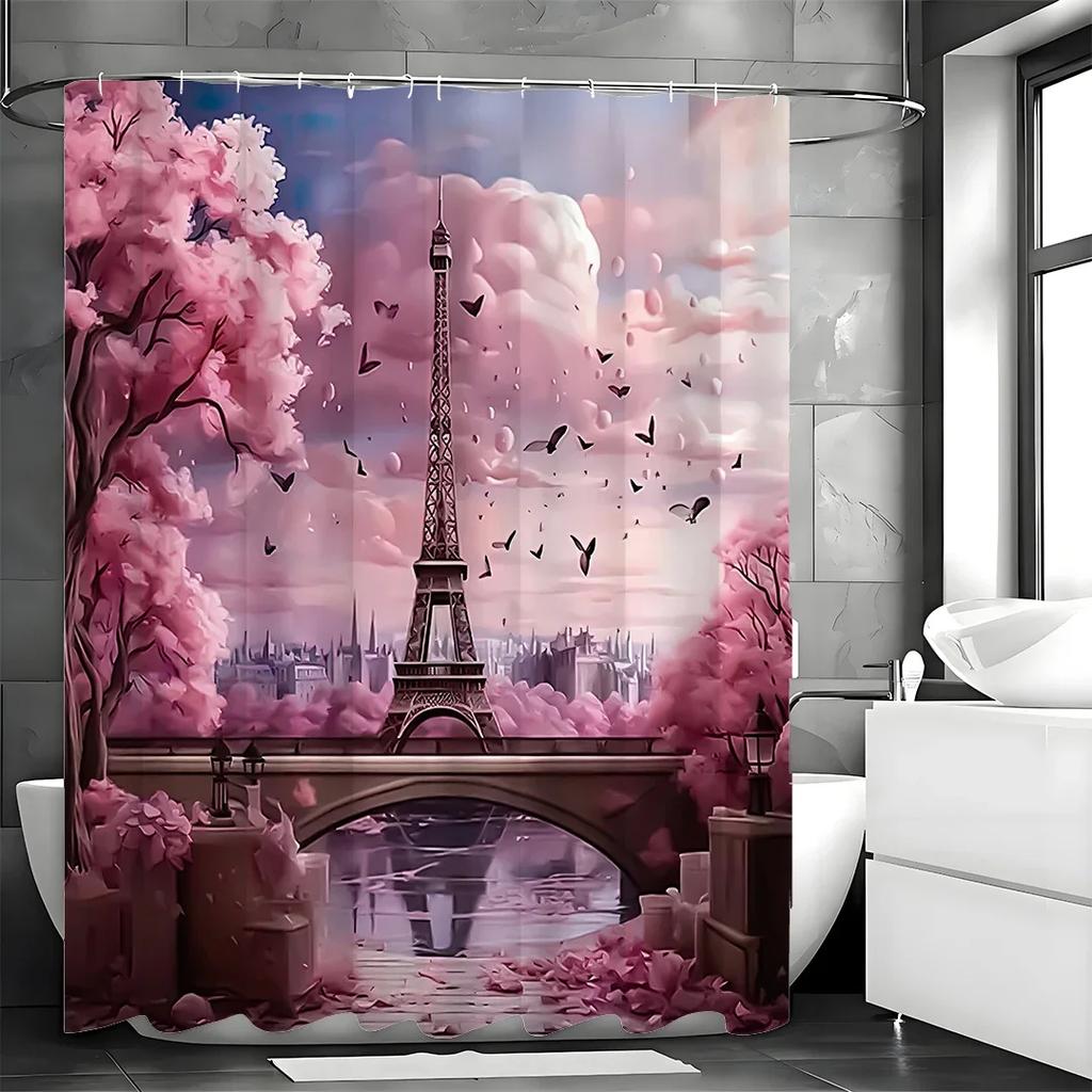 Pink Fantasy Paris Eiffel Tower Shower Curtain, Bathroom Decorative Shower Curtain, Waterproof Shower Curtain with Hooks