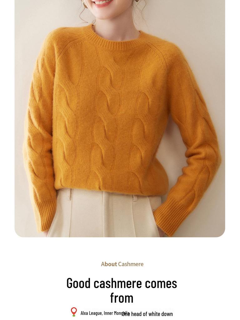 2025 A/W Women's Retro Style Cable Knit Cashmere Sweater - Round Neck, Versatile