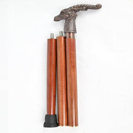 Canne en bois avec manche en cuivre et tête de dragon, fabriquée à la main
