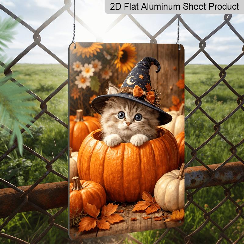 2D Flat, 1pc Autumn Maple Witch Kitty Aluminum Sign, Pumpkin Decorative Sign, Fun Decor, Halloween Artwork Wall Decor, Modern Wall Art, for Living