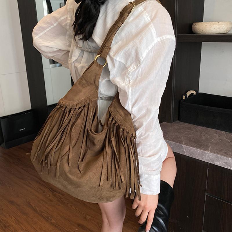 Large Capacity Frosted Tassel Shoulder Bag Faux Suede Fringe Underarm Bag Travel Tote Handbag Female Shopping Bag