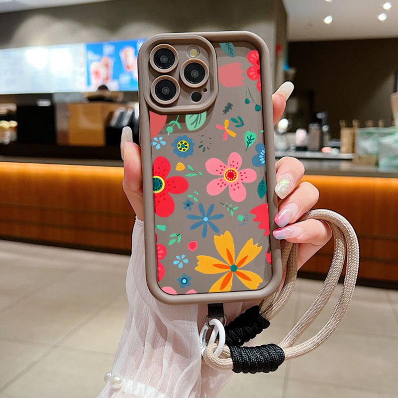 Wrist Chain Lanyard Phone Case for iPhone 11 12 13 14 15 16 Pro MAX XS Max XR 7 8 16 Plus Cute Flower Hand Strap Soft TPU Cover