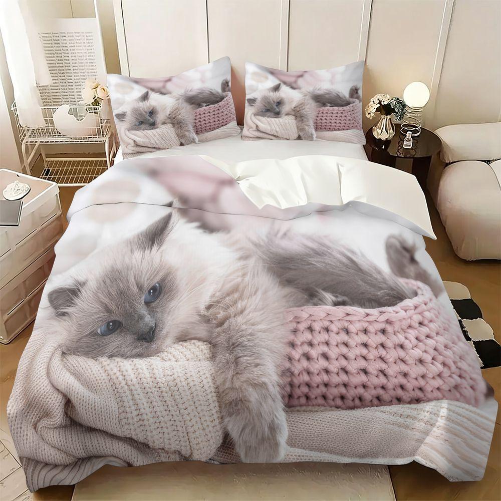 Cute Cat Print Duvet Cover Set (1 Duvet Cover & 1/2 Pillowcase) Soft Aesthetic Bedding Set for Kids Room Bedroom