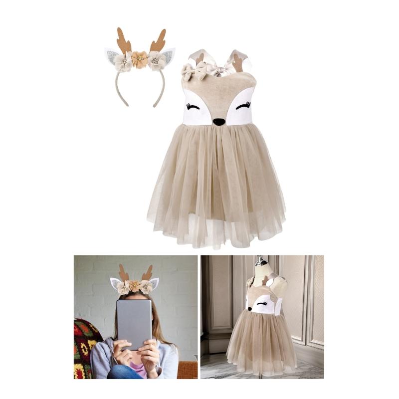 Girl Deer Costume Accessories with Dress and Headband Christmas Elk Dress Up Outfit for Kid Halloween Christmas Cosplay