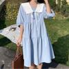 Navava Women Ruffled Collar Puff Sleeve Loose Fit 5 Part Dress No994