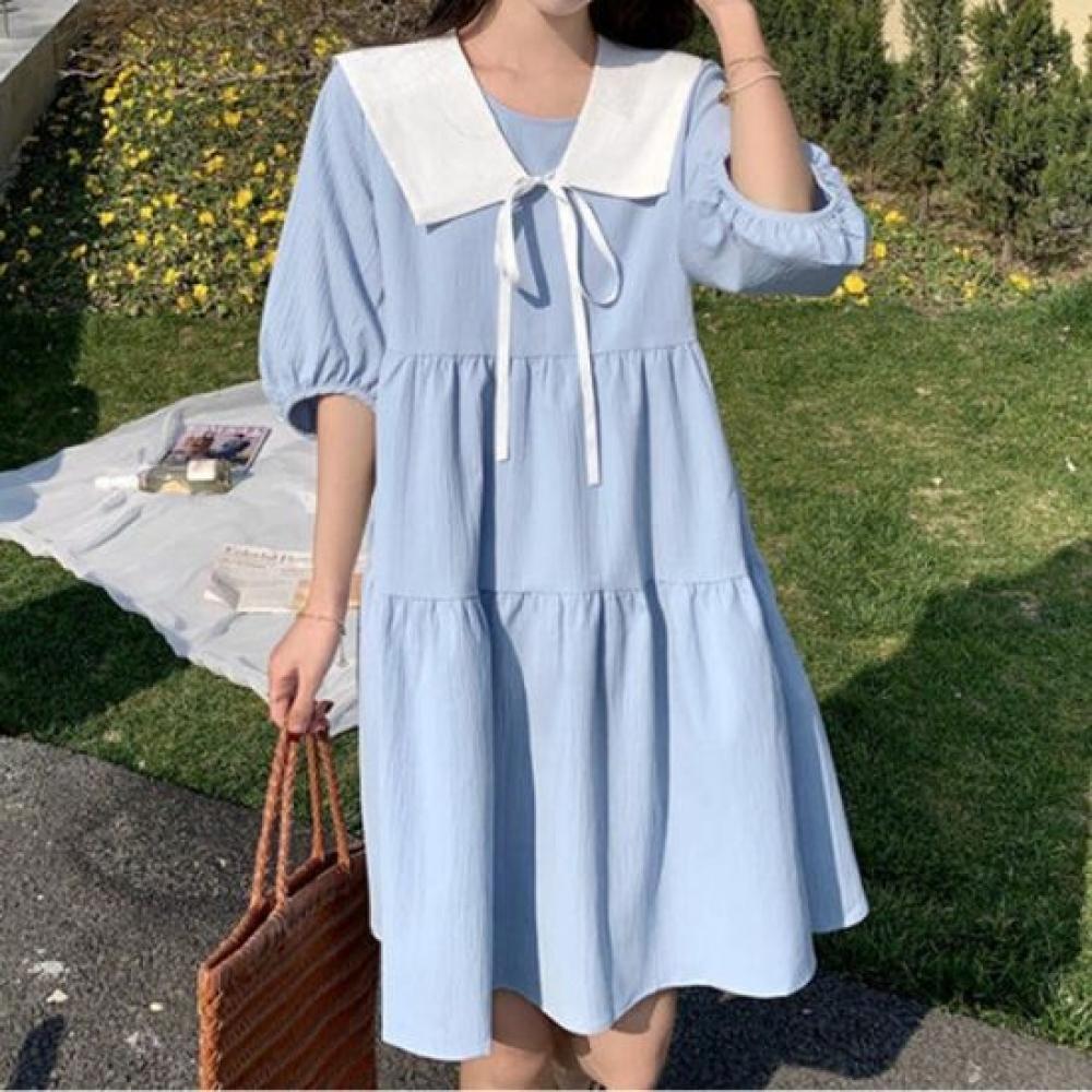 Navava Women Ruffled Collar Puff Sleeve Loose Fit 5 Part Dress No994