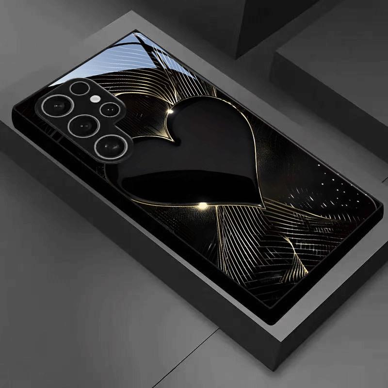 Black gold heart-shaped tempered glass phone case suitable for Samsung Galaxy S26 S25 S24 S22 S21 S20 FE/Ultra/Plus5G anti drop