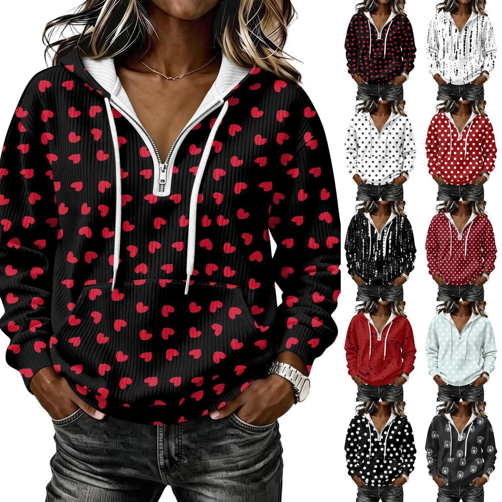 Women's Fashion Long Sleeve Polka Dot Print Hooded Pullover Sweatshirt