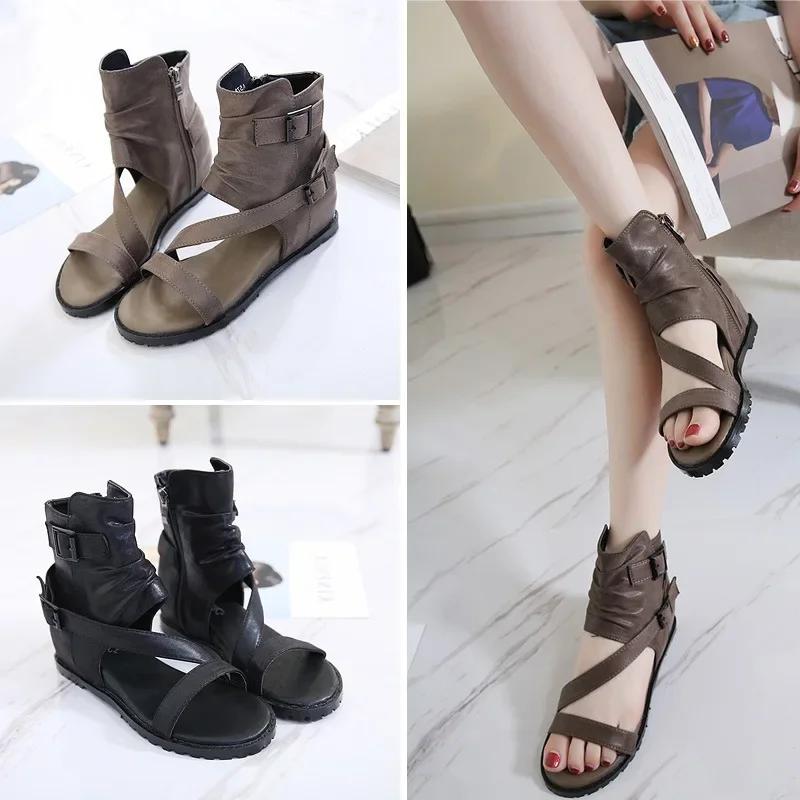 Fashion Vintage Wedges Roman Shoes for Women's Summer Peep Toe High Top Cool Boots Buckle Belt Back Zipper Cover Heeled Sandals