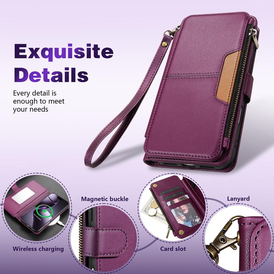 Wallet Multi-card Slot Zipper Kickstand Magnetic Flip Leather Case For iPhone 17 Pro Max Air 16e 15Plus 14 13 12 11 XR 8 7 Cover