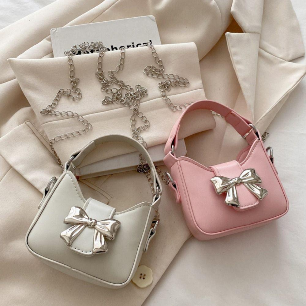 Handbag Silver Bucket Bag Pu Leather Women's Shoulder Bag Simple Bow Buckle PU Bag  Makeup Bag