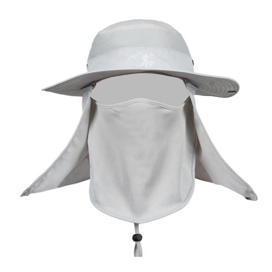 Sun Hat with Windproof Rope 360-Degree Sunshade System Curly Foldable Brim Outdoor Hat with Face Guard Shawl