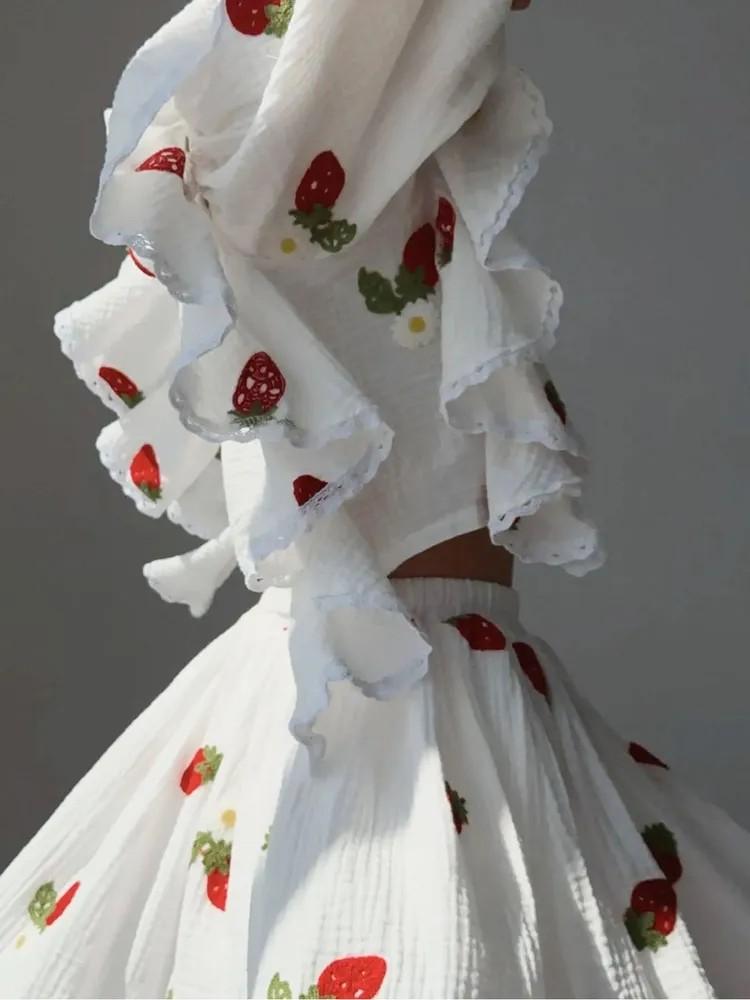 Fashionable Cotton And Linen Style Ruffled Strawberry Print Short Skirt Suit Home Wear