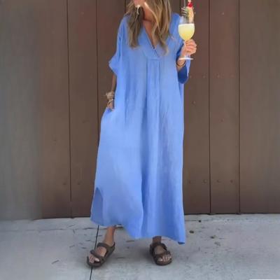 Women Spring and Summer Casual Solid Color Long Dresses  Elegant V Neck Pocket Party Dress  Loose Bohemian  Short Sleeve