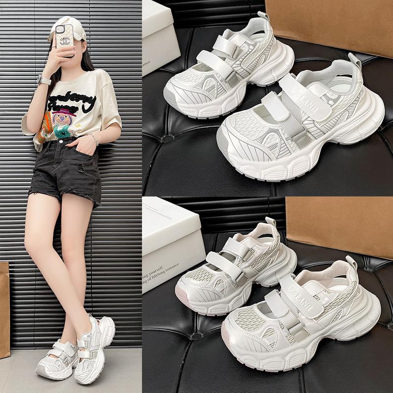 Leather hollow dad shoes women's 2025 new summer mesh breathable sports sandals versatile height increase casual shoes trend