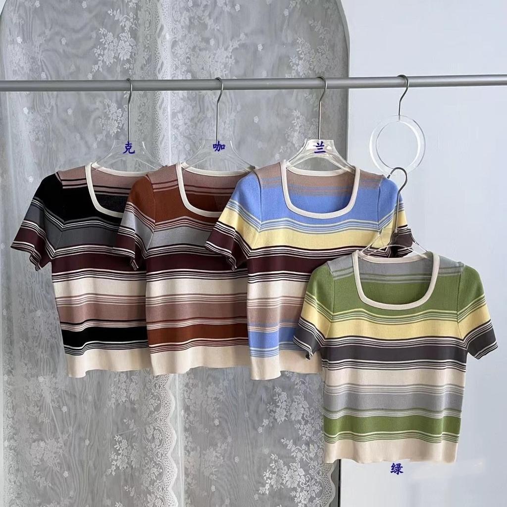 Retro Striped Square Neck Short Sleeve Knit Sweater Women Summer Slim Slim Short Chic Tops Casual Essential Comfort and Style Slim Fit Pullovers Tees