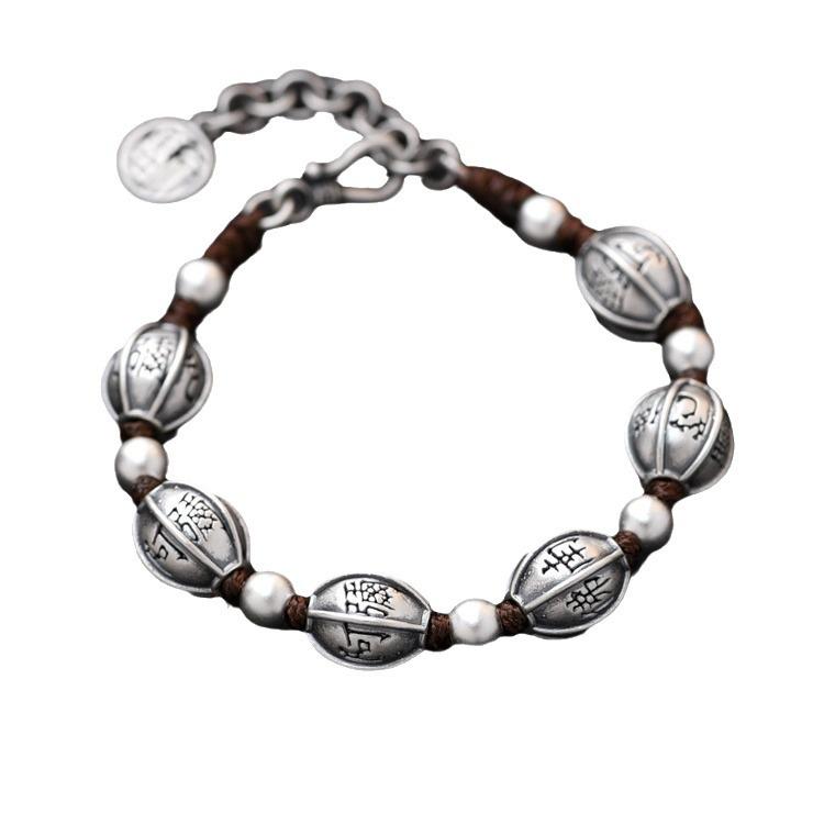 Silver-Plated Mantra Bead Woven Bracelet – Unisex Retro National Style Rope