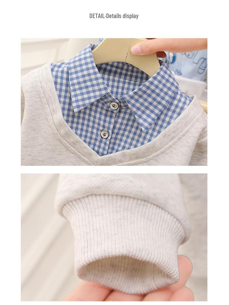 2026 New Boys' and Girls' Plaid Patchwork Two-Piece Hoodie Set for Spring and Autumn