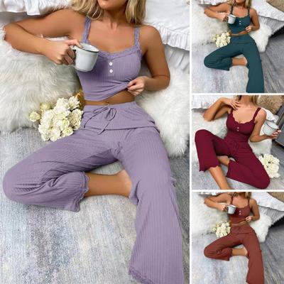 2 Pcs/Set Women Crop Top Pants Suit Flower Edge V Neck Drawstring Elastic High Waist Sleeveless Elastic Camisole Long Trousers Set Pajamas