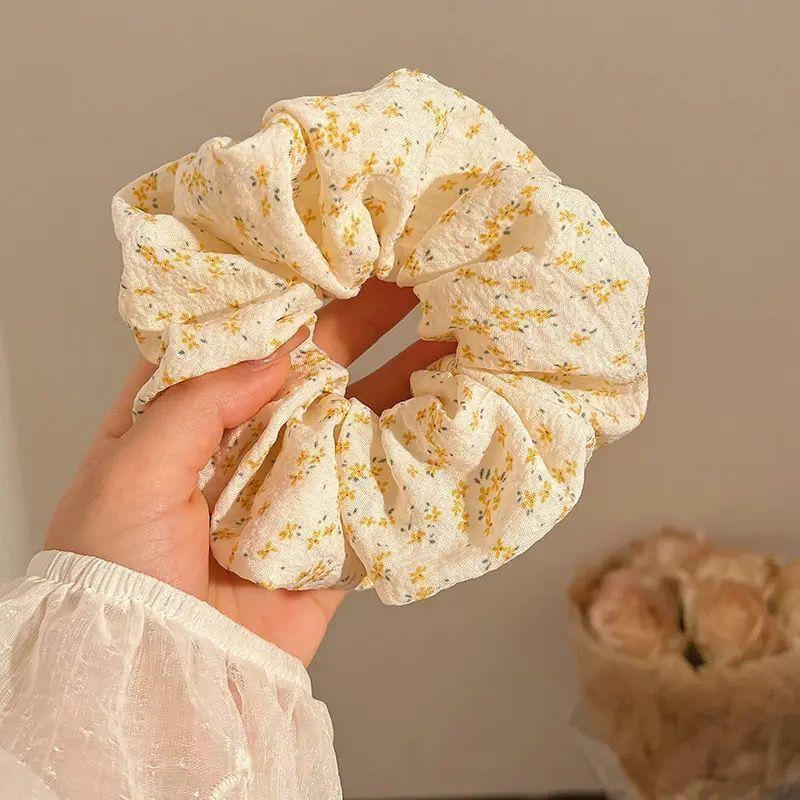 

Korean Blue Yellow Floral Scrunchies Large Elastic Hair Bands College Student Women Ponytail Holder Hair Ties Rope Cute Headwear